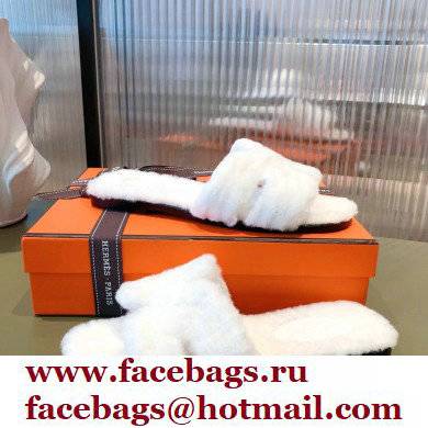 Hermes Shearling Woolskin Oran Sandals White 2021