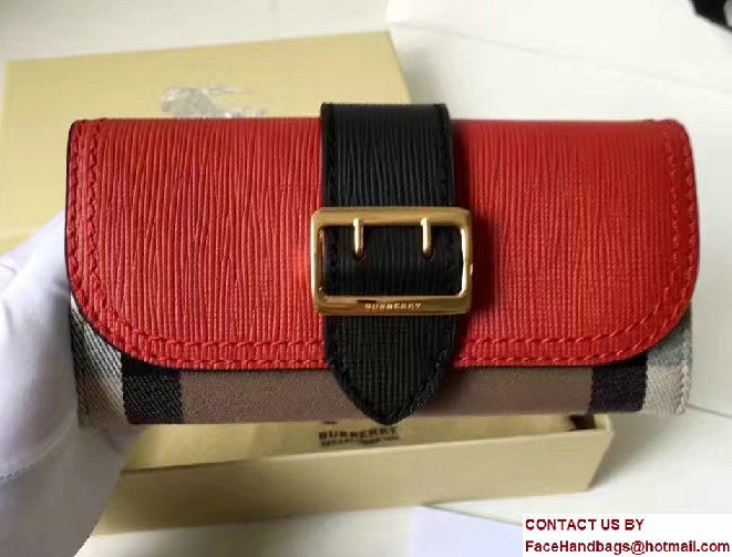 Buckle House Check and Textured Leather Continental Wallet Red/Black 2017 - Click Image to Close