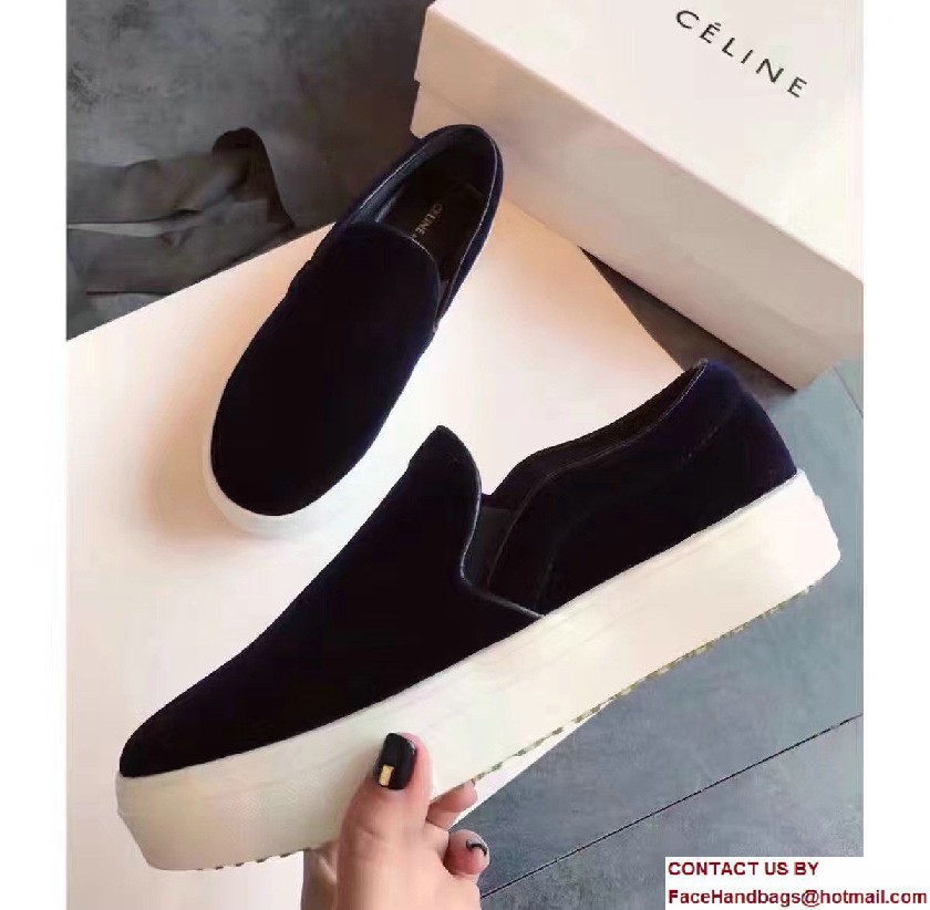 Celine Heel 2.5cm Velvet Skate Slip-On Loafers Sneakers Dark Blue 2017