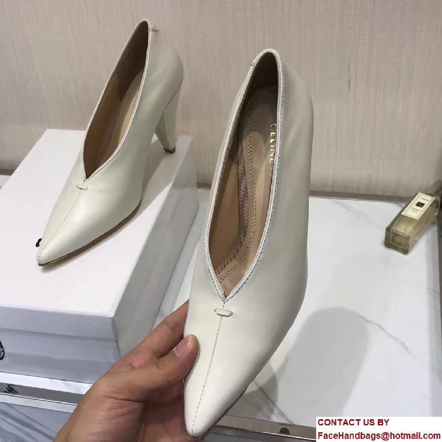 Celine Heel 9cm V-Neck Soft Nappa Lambskin Pumps Creamy 2017