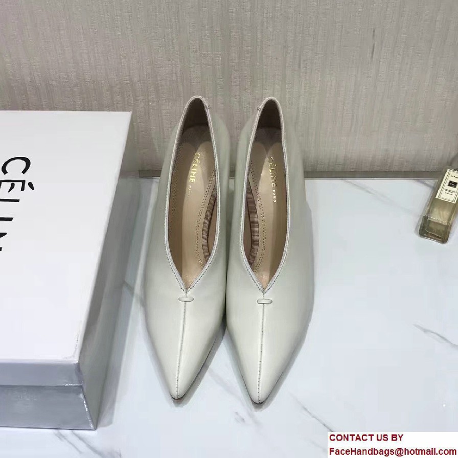 Celine Heel 9cm V-Neck Soft Nappa Lambskin Pumps Creamy 2017