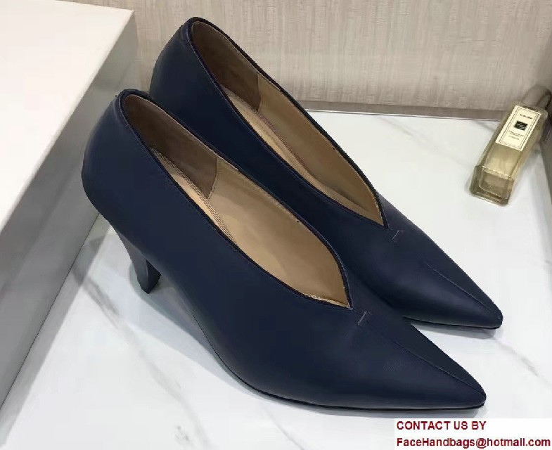 Celine Heel 9cm V-Neck Soft Nappa Lambskin Pumps Navy Blue 2017 - Click Image to Close