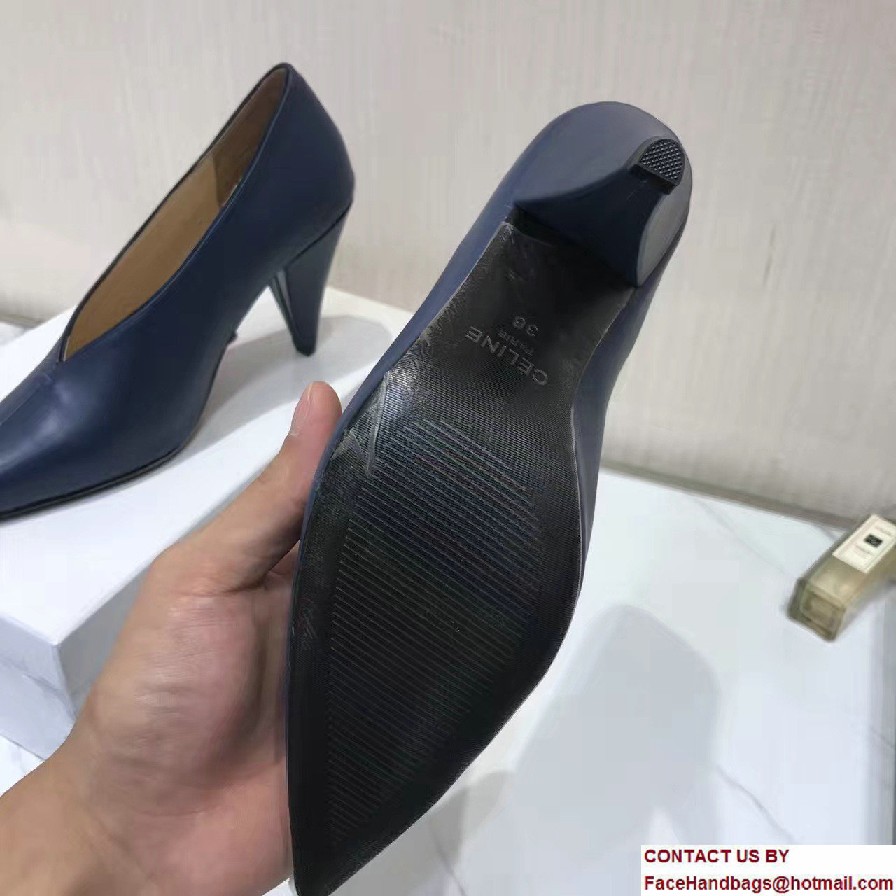 Celine Heel 9cm V-Neck Soft Nappa Lambskin Pumps Navy Blue 2017