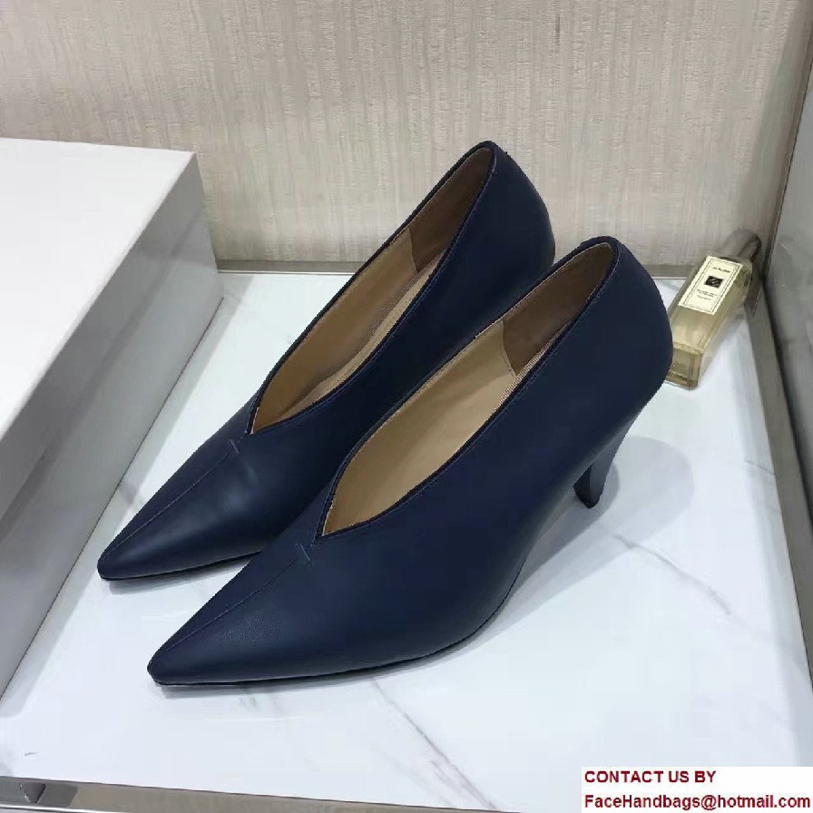 Celine Heel 9cm V-Neck Soft Nappa Lambskin Pumps Navy Blue 2017