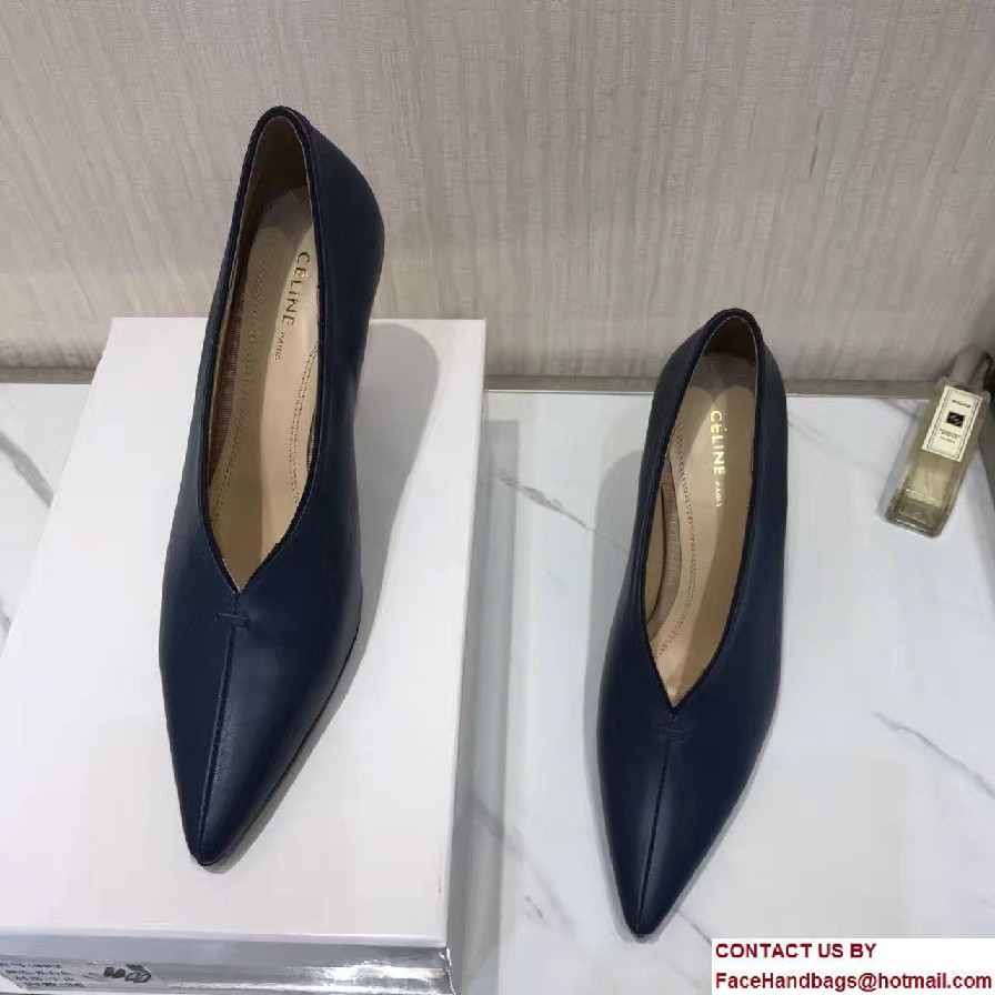 Celine Heel 9cm V-Neck Soft Nappa Lambskin Pumps Navy Blue 2017