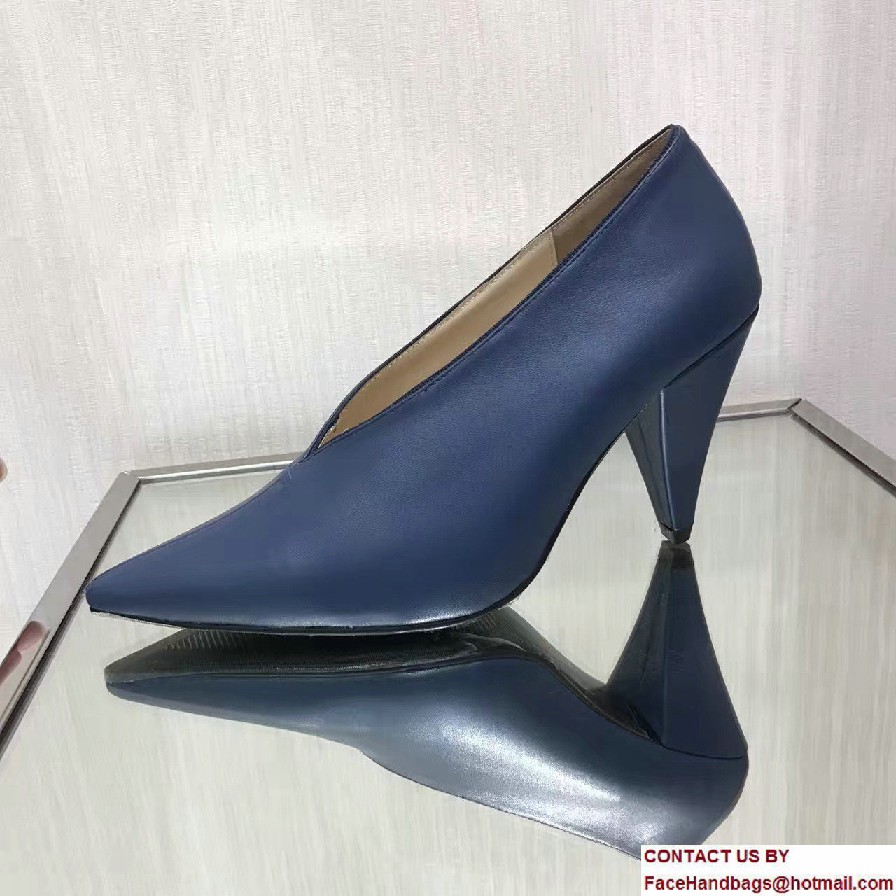 Celine Heel 9cm V-Neck Soft Nappa Lambskin Pumps Navy Blue 2017