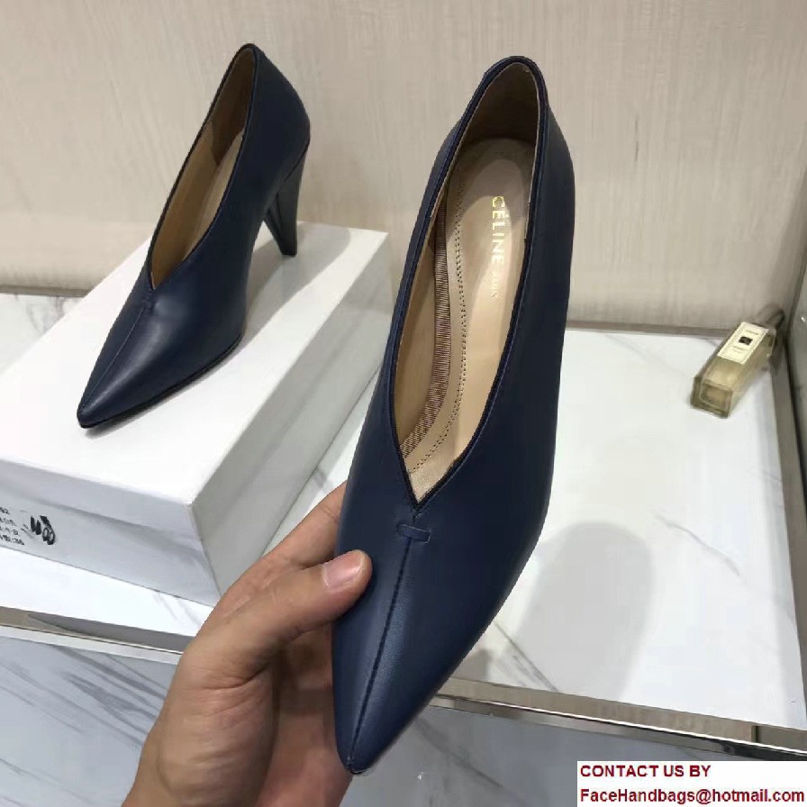 Celine Heel 9cm V-Neck Soft Nappa Lambskin Pumps Navy Blue 2017