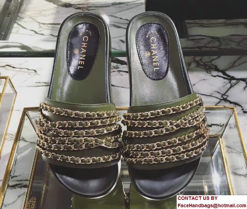 Chanel Calfskin and Fabric Chain Mules G31627 Army Green 2017 - Click Image to Close