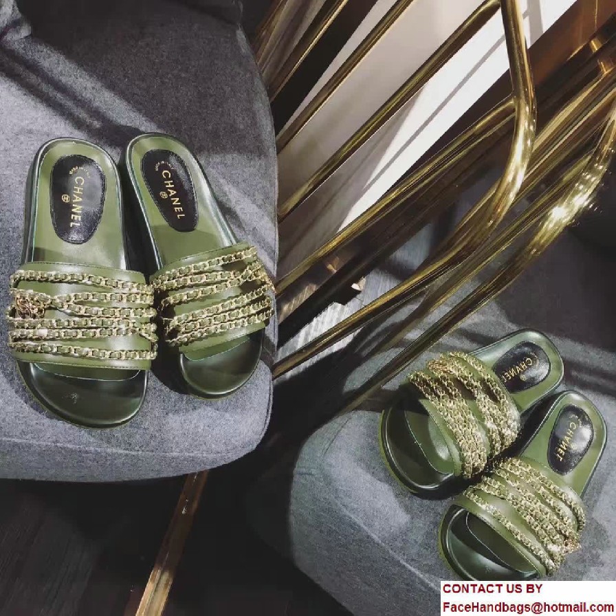 Chanel Calfskin and Fabric Chain Mules G31627 Army Green 2017