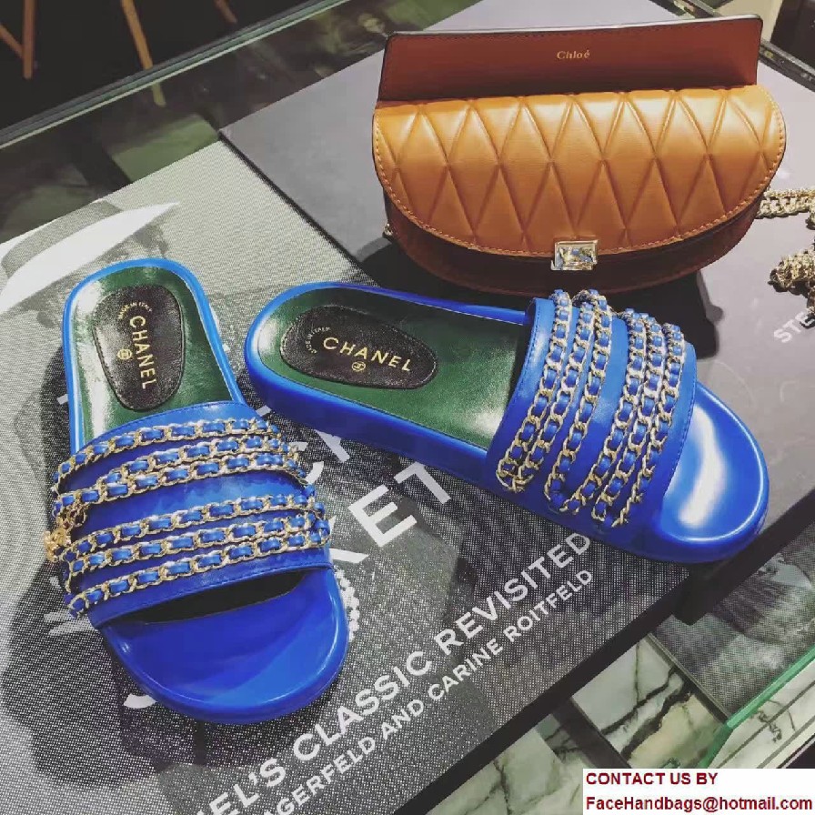 Chanel Calfskin and Fabric Chain Mules G31627 Blue 2017