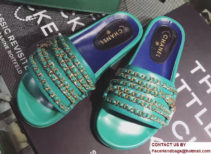 Chanel Calfskin and Fabric Chain Mules G31627 Green 2017 - Click Image to Close