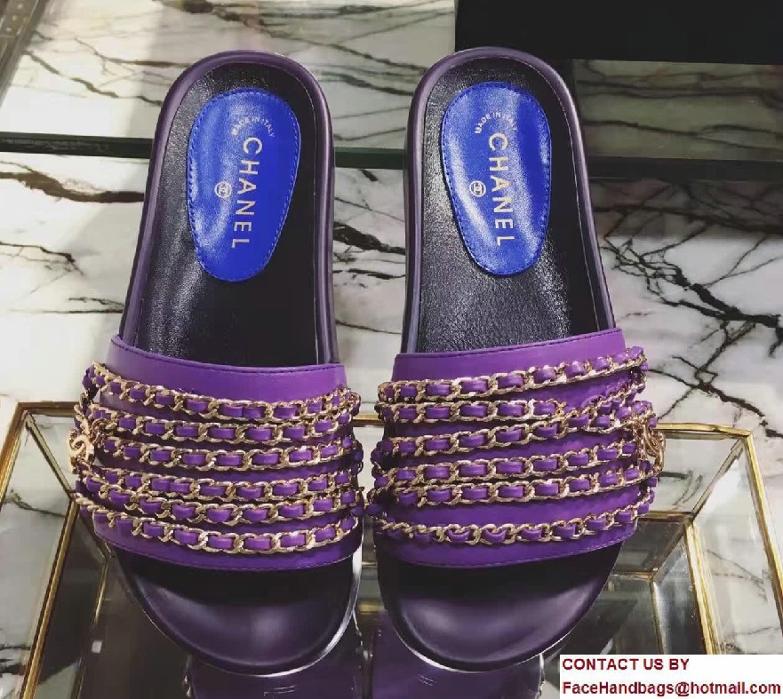 Chanel Calfskin and Fabric Chain Mules G31627 Purple 2017 - Click Image to Close