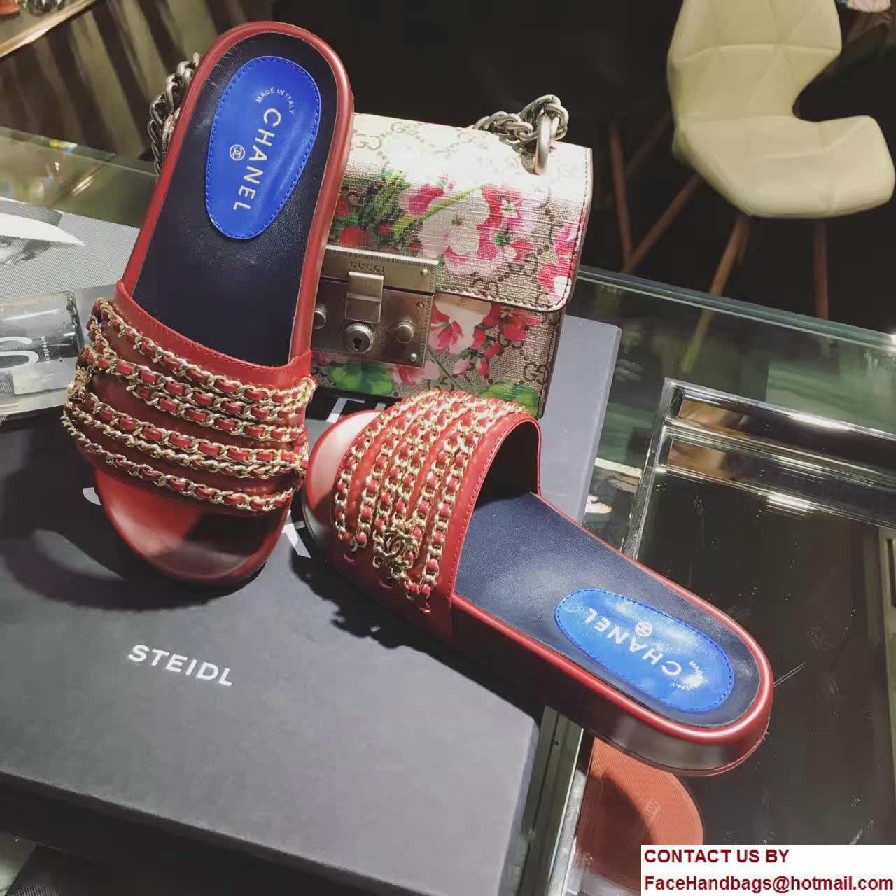 Chanel Calfskin and Fabric Chain Mules G31627 Red 2017