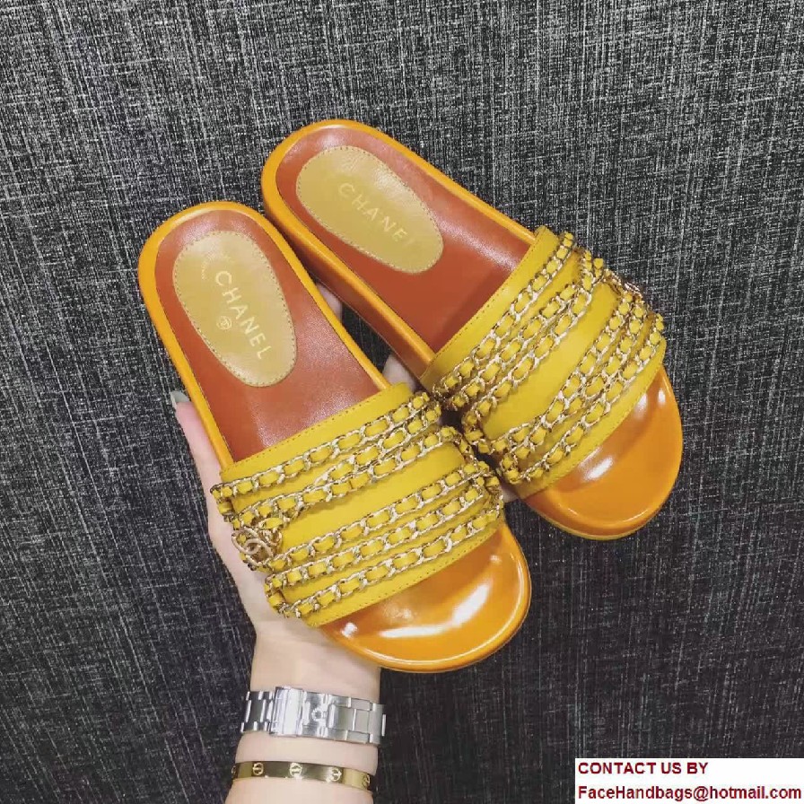 Chanel Calfskin and Fabric Chain Mules G31627 Yellow 2017