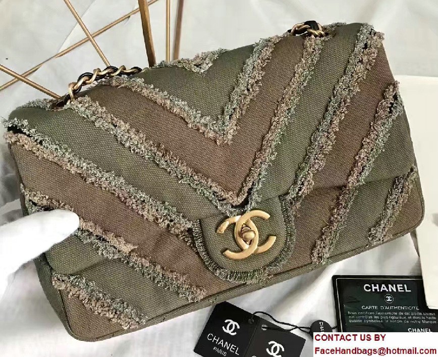 Chanel Canvas Chevron Patchwork Classic Flap Bag A93717 Army Green 2017 - Click Image to Close