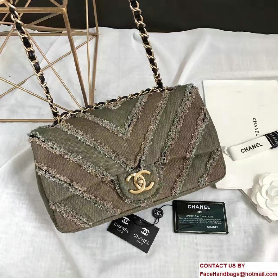 Chanel Canvas Chevron Patchwork Classic Flap Bag A93717 Army Green 2017