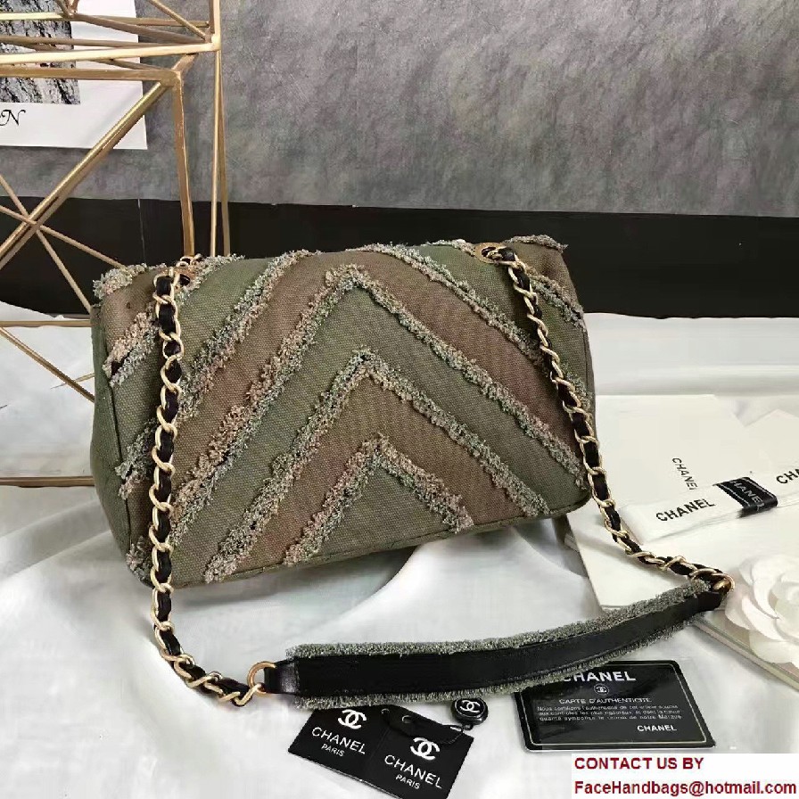 Chanel Canvas Chevron Patchwork Classic Flap Bag A93717 Army Green 2017