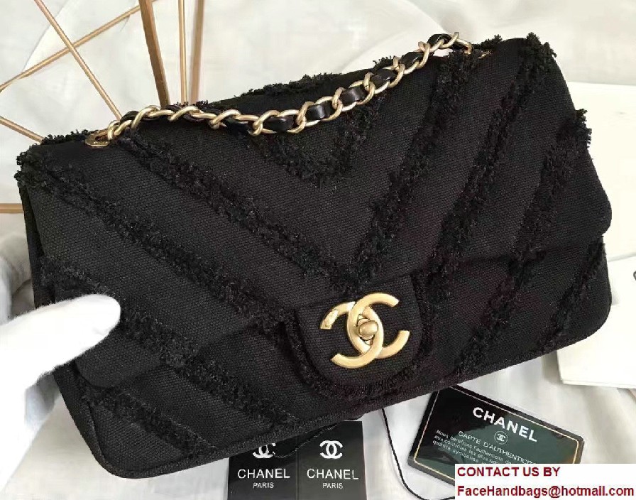 Chanel Canvas Chevron Patchwork Classic Flap Bag A93717 Black 2017