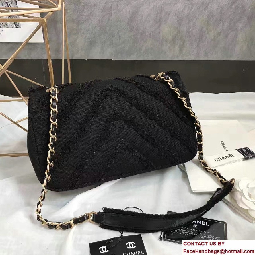 Chanel Canvas Chevron Patchwork Classic Flap Bag A93717 Black 2017