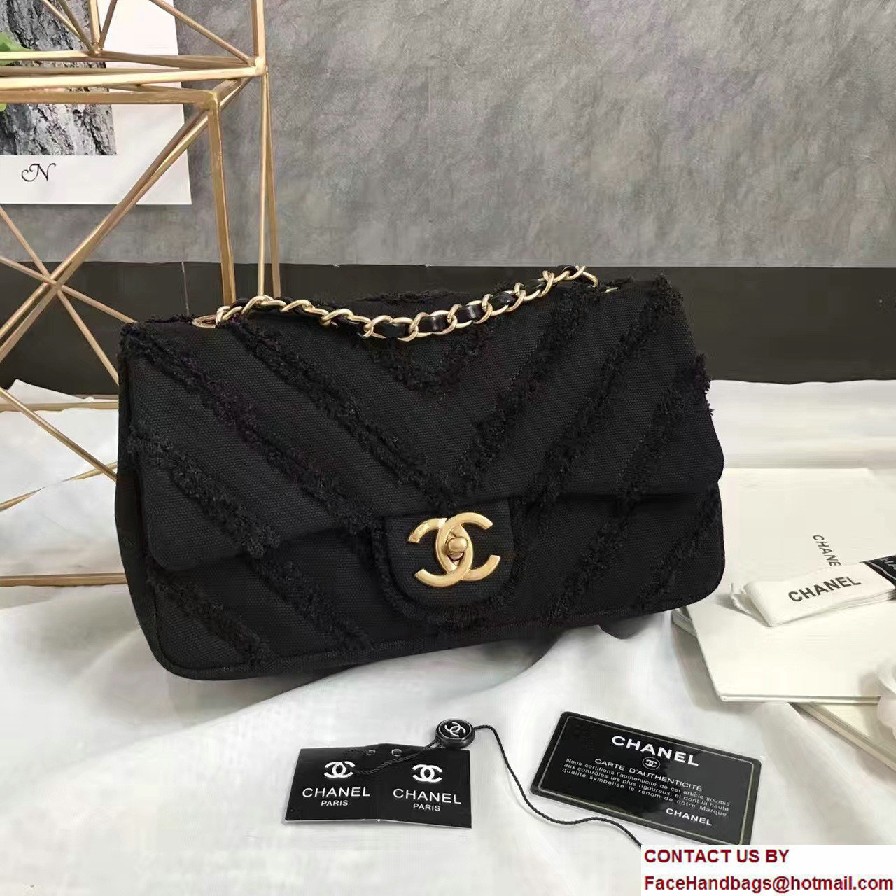 Chanel Canvas Chevron Patchwork Classic Flap Bag A93717 Black 2017