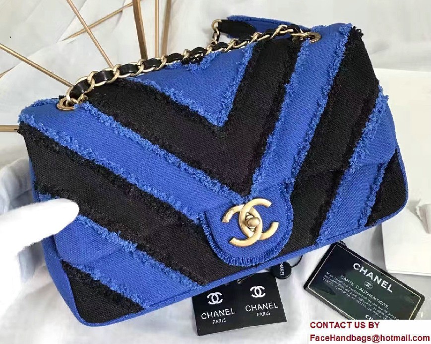 Chanel Canvas Chevron Patchwork Classic Flap Bag A93717 Blue 2017