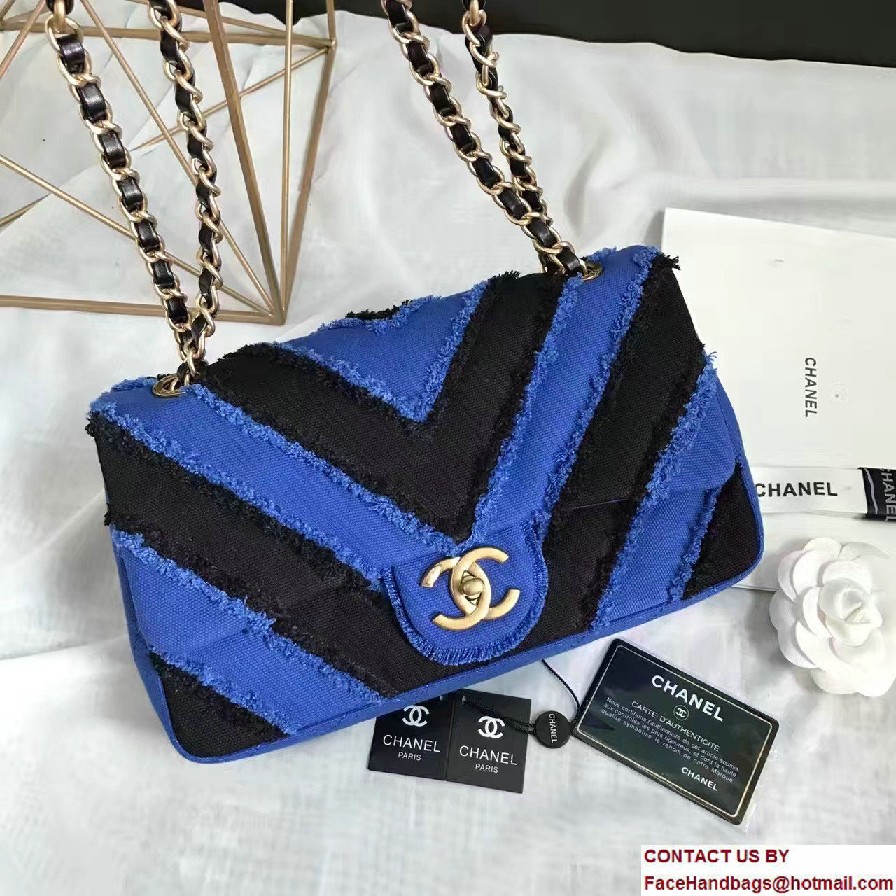 Chanel Canvas Chevron Patchwork Classic Flap Bag A93717 Blue 2017