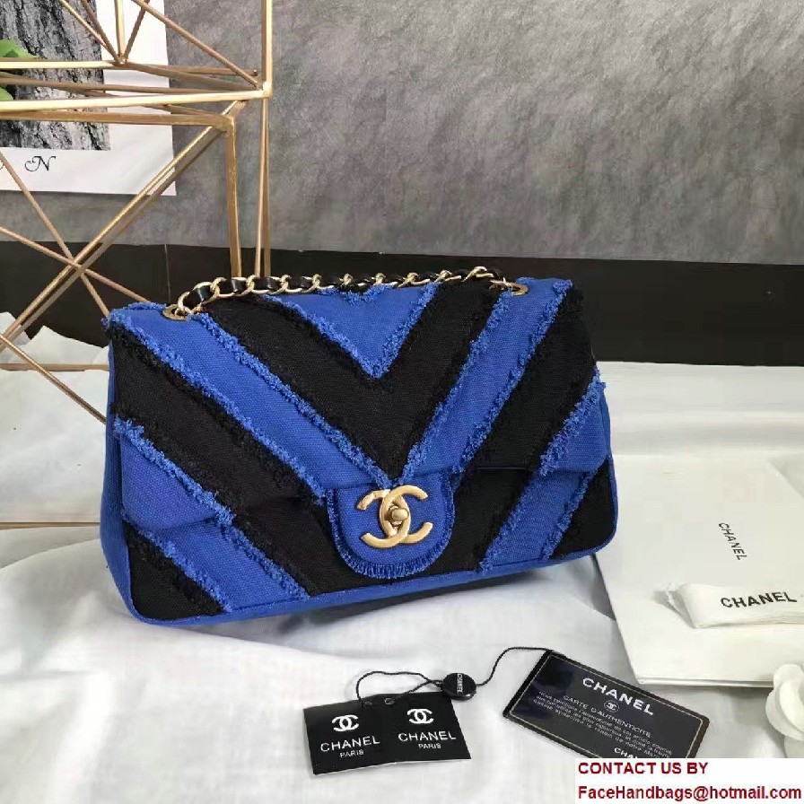 Chanel Canvas Chevron Patchwork Classic Flap Bag A93717 Blue 2017