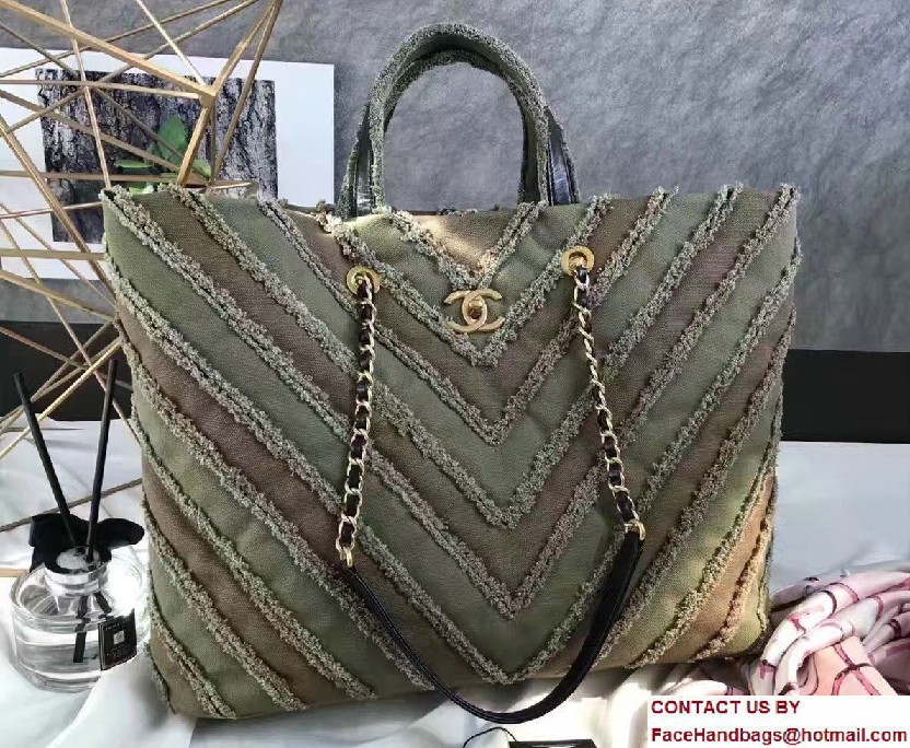 Chanel Canvas Chevron Patchwork Large Shopping Bag A93715 Army Green 2017 - Click Image to Close