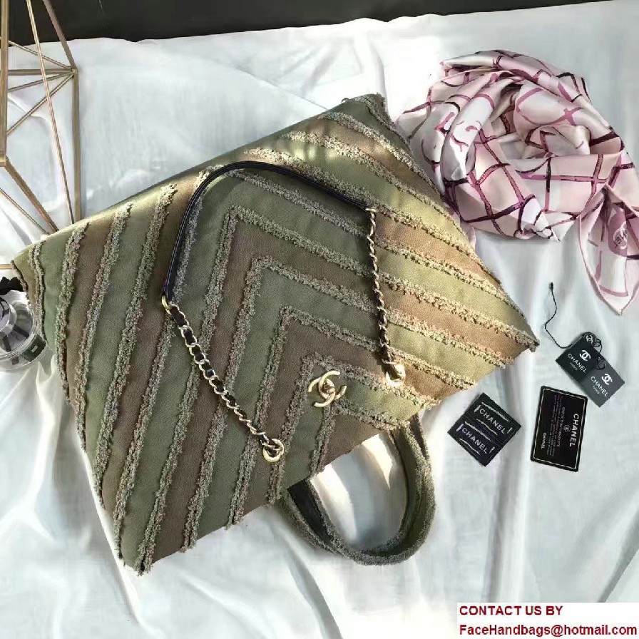 Chanel Canvas Chevron Patchwork Large Shopping Bag A93715 Army Green 2017