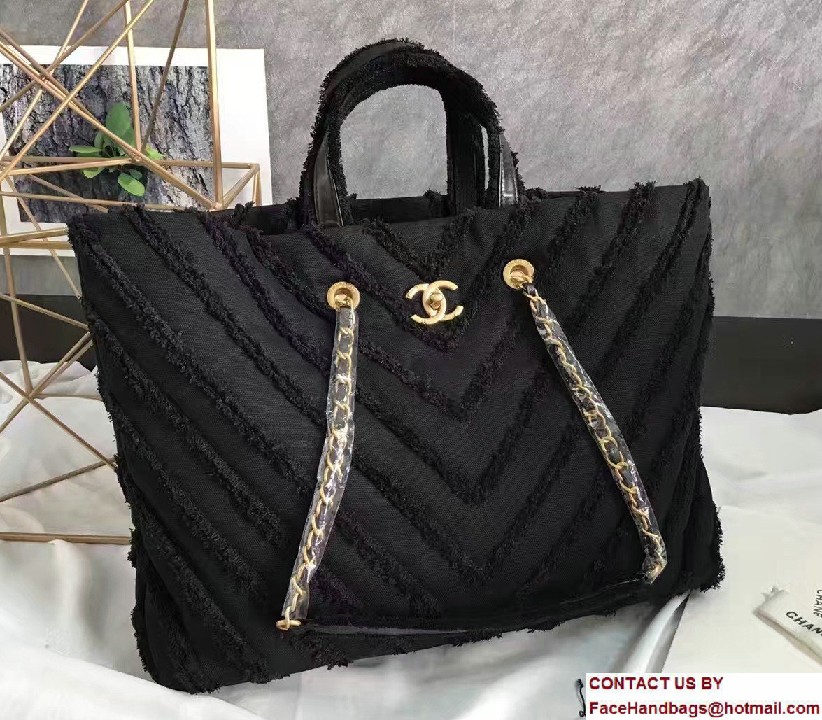 Chanel Canvas Chevron Patchwork Large Shopping Bag A93715 Black 2017