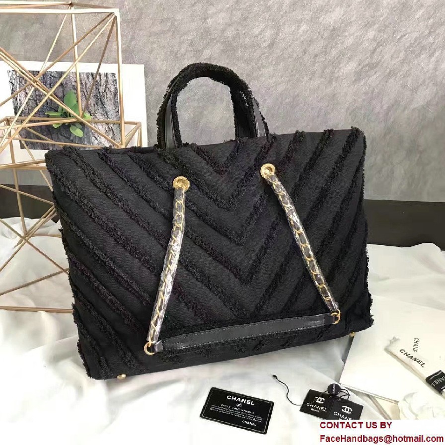 Chanel Canvas Chevron Patchwork Large Shopping Bag A93715 Black 2017