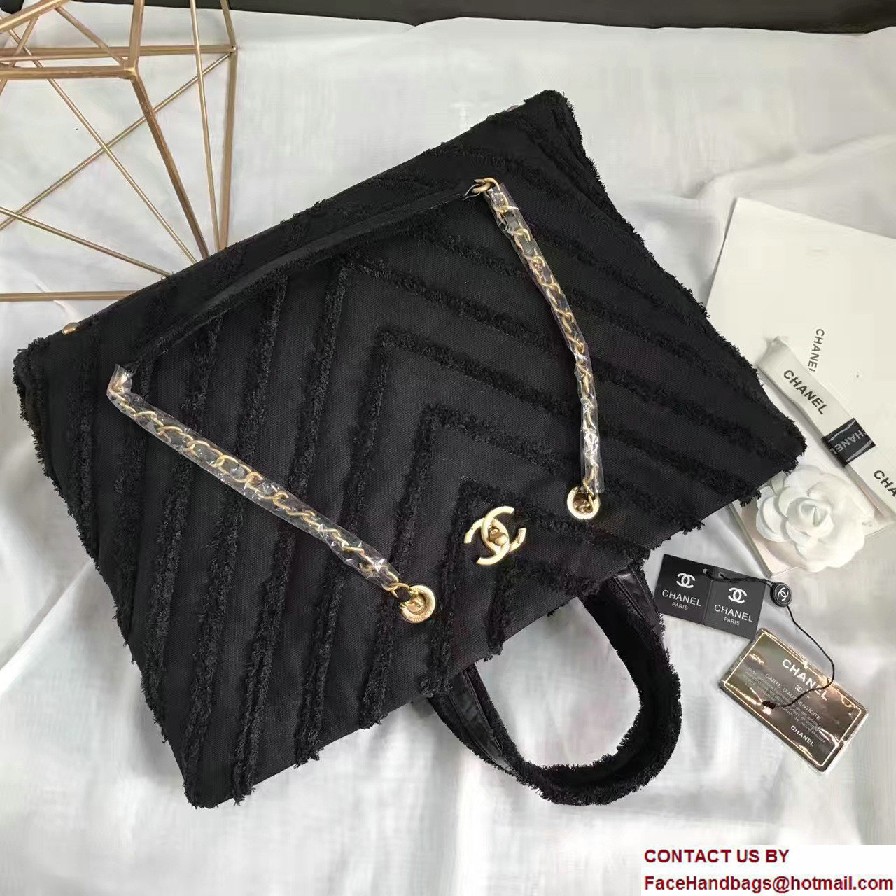 Chanel Canvas Chevron Patchwork Large Shopping Bag A93715 Black 2017