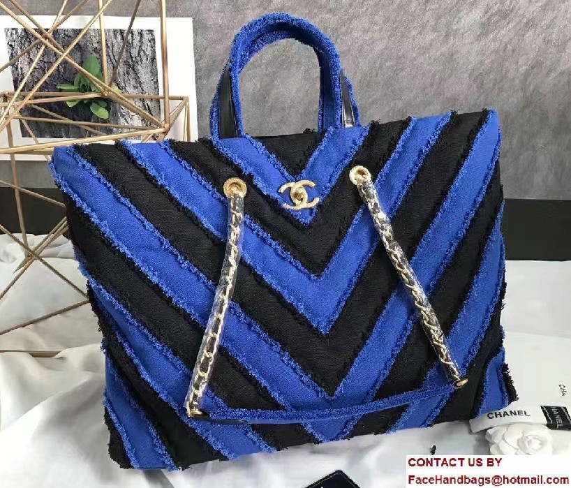 Chanel Canvas Chevron Patchwork Large Shopping Bag A93715 Blue 2017