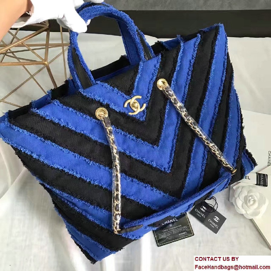 Chanel Canvas Chevron Patchwork Large Shopping Bag A93715 Blue 2017