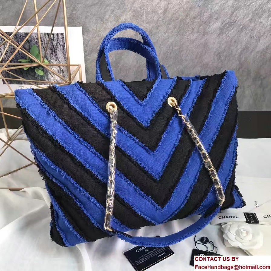 Chanel Canvas Chevron Patchwork Large Shopping Bag A93715 Blue 2017