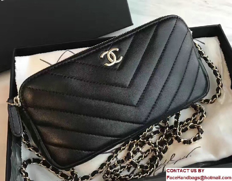 Chanel Chevron Double Zipped Small Clutch Chain Bag A82527 Black 2017 - Click Image to Close