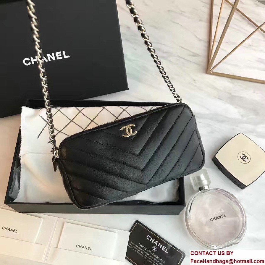 Chanel Chevron Double Zipped Small Clutch Chain Bag A82527 Black 2017