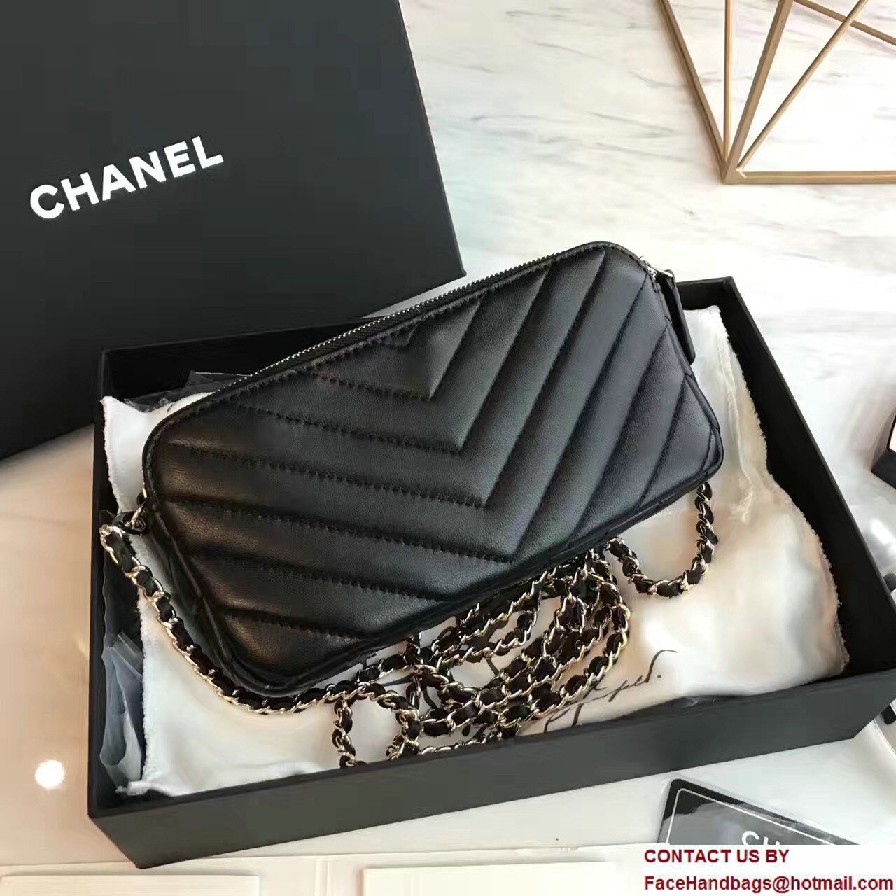 Chanel Chevron Double Zipped Small Clutch Chain Bag A82527 Black 2017