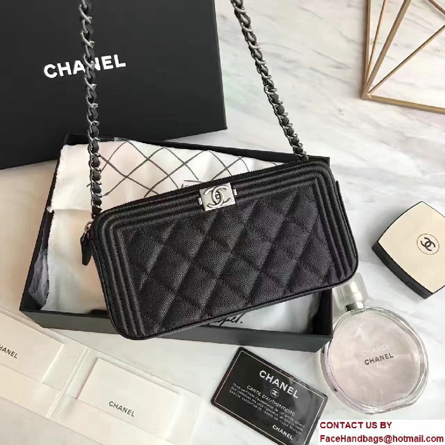 Chanel Grained Calfskin Boy Double Zipped Small Clutch Chain Phone Holder Bag A84069 Black 2017