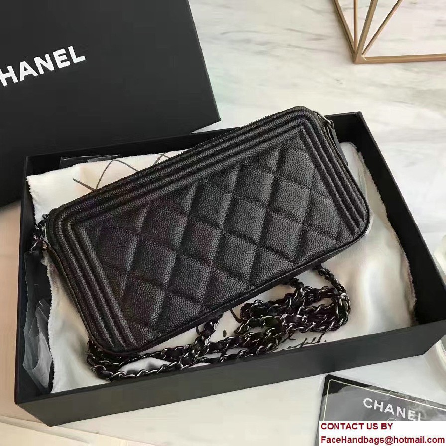 Chanel Grained Calfskin Boy Double Zipped Small Clutch Chain Phone Holder Bag A84069 Black 2017