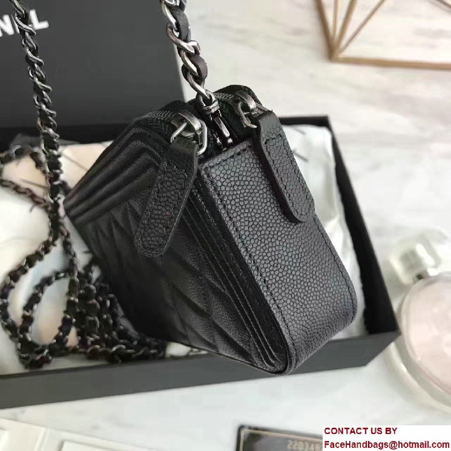 Chanel Grained Calfskin Boy Double Zipped Small Clutch Chain Phone Holder Bag A84069 Black 2017