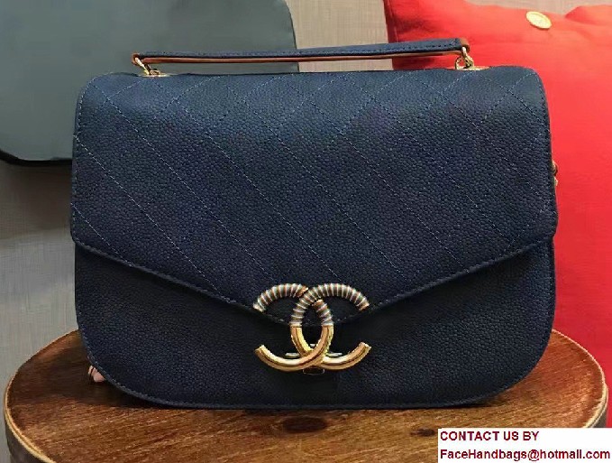 Chanel Grained Calfskin Flap with Top Handle A93660 Medium Bag Blue Cruise 2017