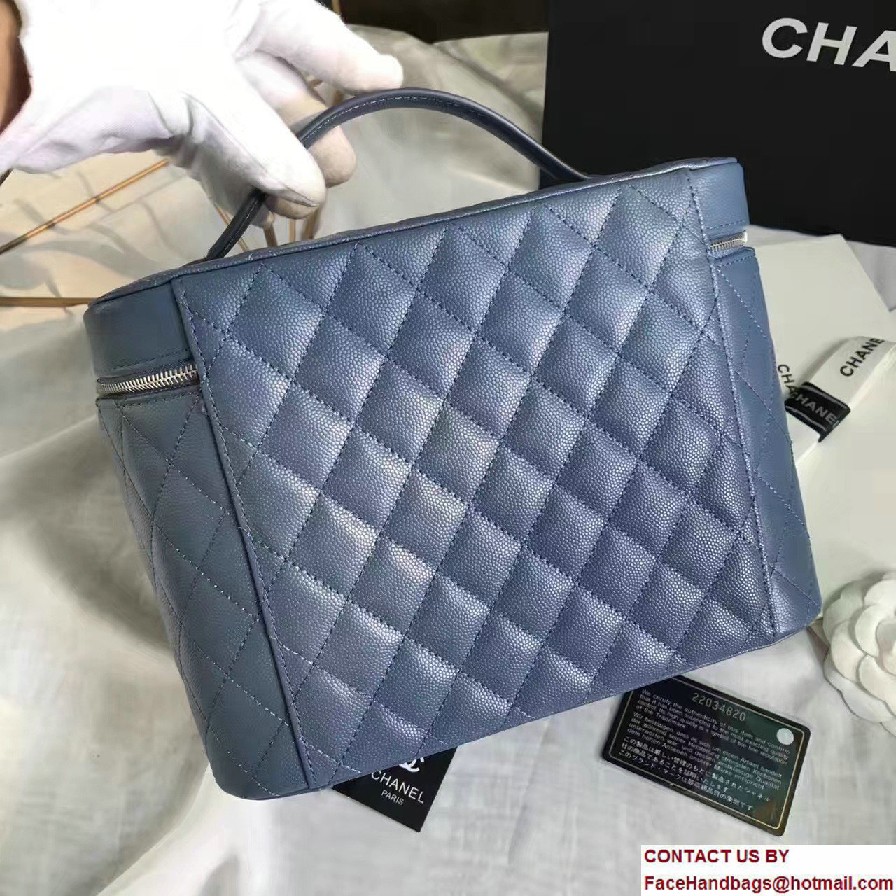 Chanel Grained Calfskin Vanity Case Pouch Large Bag A80913 Blue 2016