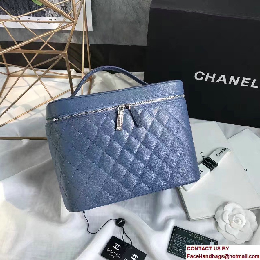 Chanel Grained Calfskin Vanity Case Pouch Large Bag A80913 Blue 2016