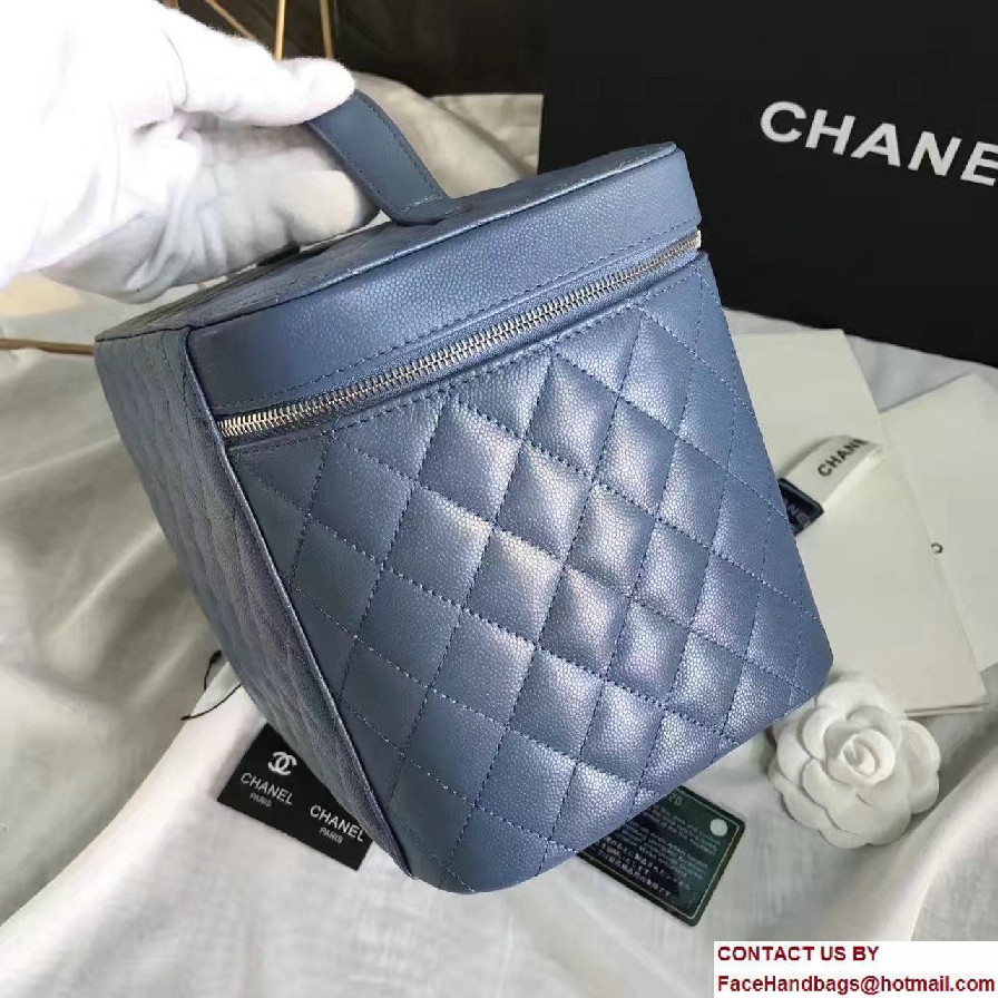 Chanel Grained Calfskin Vanity Case Pouch Large Bag A80913 Blue 2016