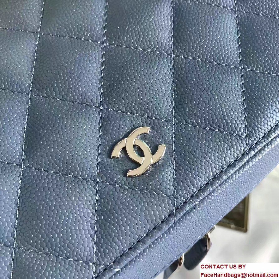 Chanel Grained Calfskin Vanity Case Pouch Large Bag A80913 Blue 2016