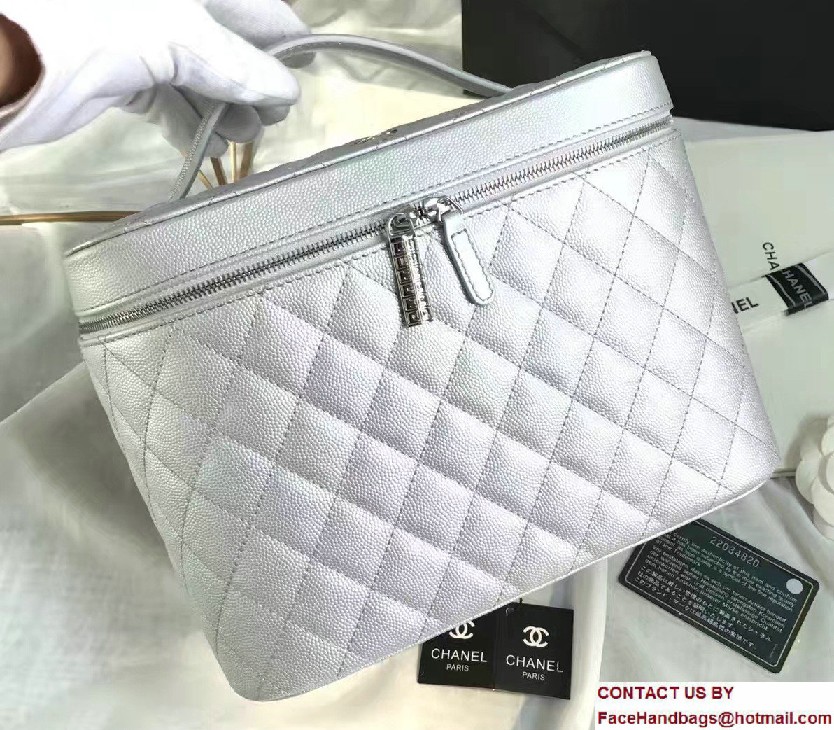 Chanel Grained Calfskin Vanity Case Pouch Large Bag A80913 Silver 2016 - Click Image to Close