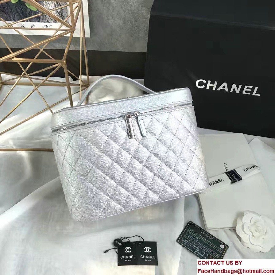 Chanel Grained Calfskin Vanity Case Pouch Large Bag A80913 Silver 2016