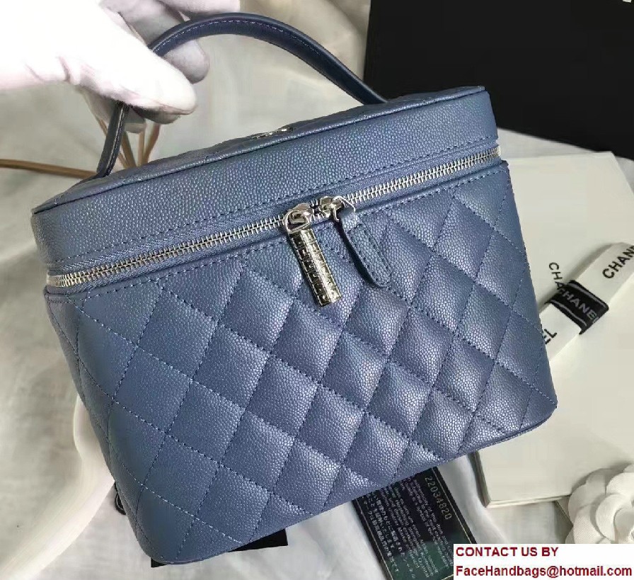 Chanel Grained Calfskin Vanity Case Pouch Small Bag A80913 Blue 2016