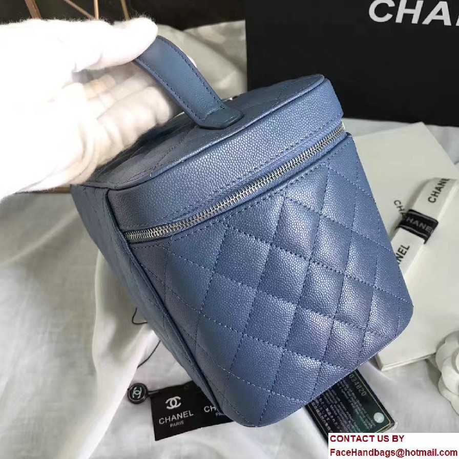 Chanel Grained Calfskin Vanity Case Pouch Small Bag A80913 Blue 2016